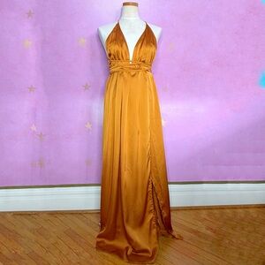 White Fox Boutique Maxi Dress Women’s Medium Copper Satin Feminine Coquette